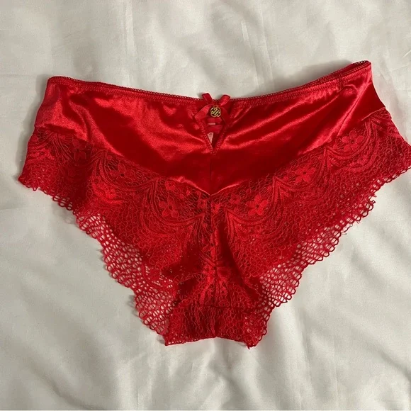 Red satin lace  long line bra and panty two piece set - Picture 5 of 7